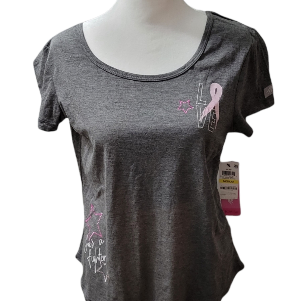 SALE! Ideology "She's a Fighter" scoop neck short sleeve top, Pink Ribbon
